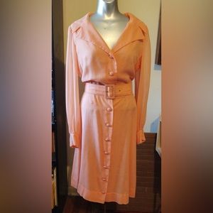 Vintage Mod 60s Sheer Bishop Sleeves Peach Cotton Voile Blouson Belted Dress M